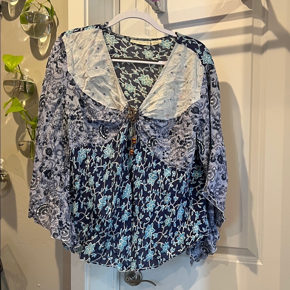 Andrew & Co Floral V-Neck Blouse - Navy and Cream